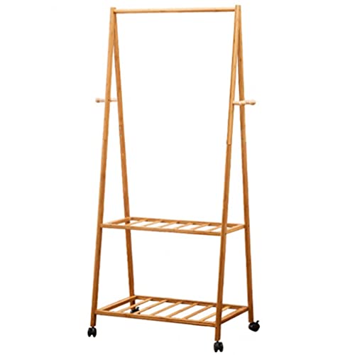 TCXSSL Kleiderständer Garderobenständer Bambus Auf Rollen 4 Haken 2 Schuhablage Kleiderstange Wäscheständer Rollbar (Color : Primary Color B, Size : 70 * 46 * 163cm)