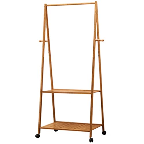 GAOZHE Kleiderständer Garderobenständer Bambus Auf Rollen 4 Haken 2 Schuhablage Kleiderstange Wäscheständer Rollbar (Color : Primary Color A, Size : 70 * 46 * 163cm)