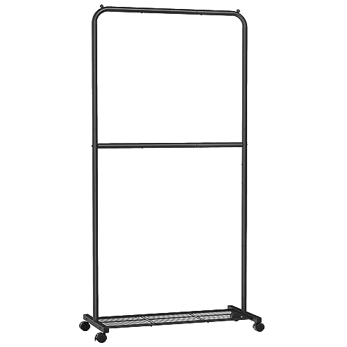 SONGMICS Kleiderständer, Kleiderstange auf Rollen, 2 Stangen, Garderobenständer Metall, Rollgarderobe 91 cm breit, mit Ablage, 2 Rollen mit Bremse, je Stange bis 20 kg belastbar, schwarz HSR027B01