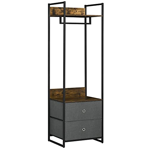 HOMCOM Garderobenständer Garderobe Kleiderständer mit Schubladen und Kleiderstange Mantelgestell für Wohnzimmer Schlafzimmer Industriedesign Rustikales Braun+Grau 58 x 46 x 185 cm