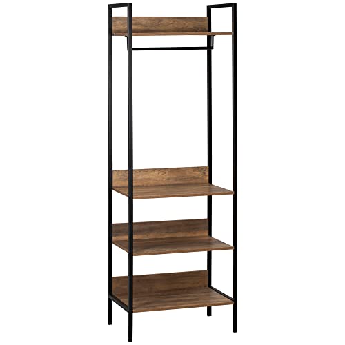 HOMCOM Garderobenständer, Kleiderständer mit 4 Ablagen, Garderobe, Wäscheständer im Industrie-Design für Schlafzimmer, Flur, Eingangsbereich, Braun, 60 x 40 x 180 cm