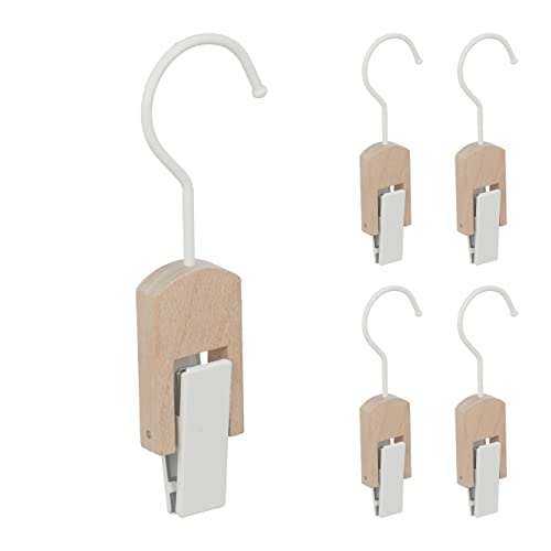 Relaxdays Stiefelhaken 5er Set, Eisen & Holz, Klemmhaken zum Aufhängen, gummierte Clips, Haken mit Klammer, weiß/natur, 19 x 6 x 3 cm