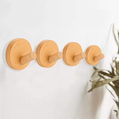 Wondora 4 Stück klebehaken holz, haken bad holz, Handtuchhaken Ohne Bohren Haken Holz, für Küche, bad, wc, Zimmer Holz Bambus Wandhaken, Kleben Statt Bohren Extra Stark(Einzelhaken)