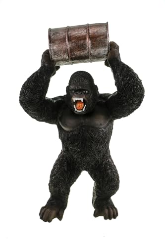 Kremers Schatzkiste XXL Gorilla Figur mit Fass 35cm Deko Skulptur Polyresin AFFE - Schwarze Affen Statue Tierfigur - Geschenk Sammler Statue Afrika Dekoration