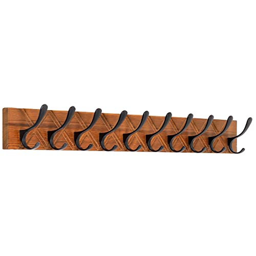 SKOLOO Garderobenleiste Holz, Graviertes Design, 85cm Kleiderhaken Wand mit 10 Haken, zum Aufhängen von Kleidung, Mantel, Hüten, Jacken, Schals, Hakenleiste Holz, Vintagebraun