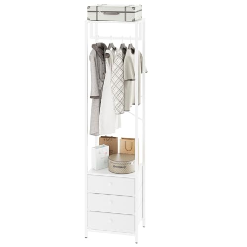 YMYNY Garderobenständer, Kleiderständer mit Schubladen, Freistehender hoher Kleiderschrank offen, Ablagen, Garderobe mit Kleiderstange für Schlafzimmer Wohnzimmer, 39×29×179CM Weiß HGR001W