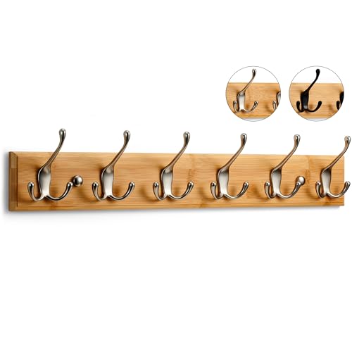 LARHN Garderobenhaken Holz - Garderobenleiste Holz mit 6 Haken in Nickel Matt - 59 cm - Kleiderhaken Wand - Wandgarderobe für Flure, Garderoben, Schlafzimmer und Badezimmer