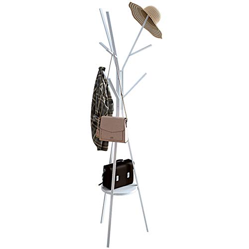 IOTXY Bodenständig Flur Kleiderständer Baum - Weiß 180cm hoher Kleiderbügel mit Ablage und 9 Haken für Handtaschen-Jacken-Schal-Halter, Freestanding Metal Coat Rack Tree, White