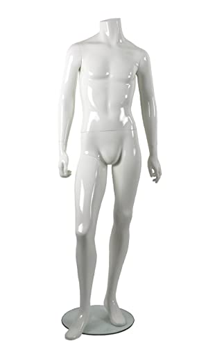 Männliche Schaufensterpuppe, männliche Schaufensterfigur, Mannequin aus Fiberglas, stehend, ohne Kopf, Hochglanz weiß