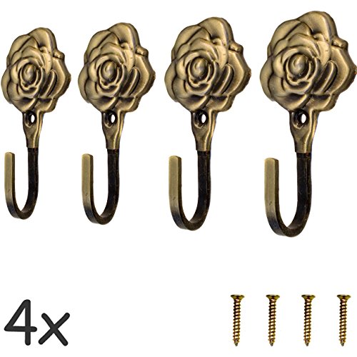 FUXXER® - 4x Antik-Haken Garderoben-Haken Kleider-Haken Handtuch, Eisen-Haken Messing Bronze Design, Vintage Landhaus Retro Bad 92mm, Rose, 4er Set