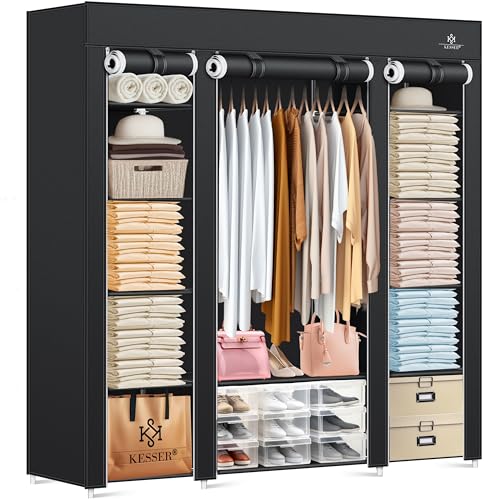 KESSER® Kleiderschrank Stoffschrank Stabil mit Kleiderstange & Ablagen, Inkl. 5X Kleiderbügel, Stoff Faltschrank für Schlafzimmer, Ankleidezimmer Garderobe mit Kleiderständer 150x45x175cm Schwarz