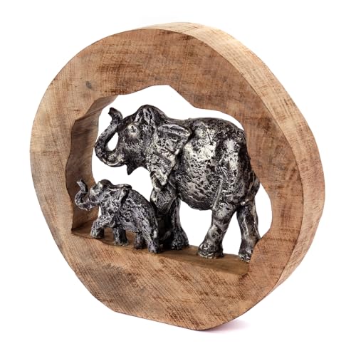 CREEDWOOD SKULPTUR Log Elephants | Mangoholz, 37cm, Silber | Elefanten Aufsteller, Dekofigur, Elefanen Familie Dekoobjekt, Holz Statue, Elefant auf Sockel