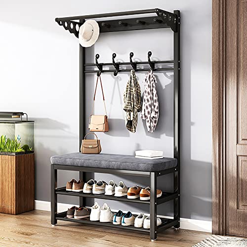 garderobe mit sitzbank Robustes Metall Kleiderständer mit Schuhregal Garderobe Garderobenständer Garderobenständer mit Haken für Flur Wohnzimmer Ankleidezimmer 80/100 x 33 x 172 cm (100 cm, Schwarz)