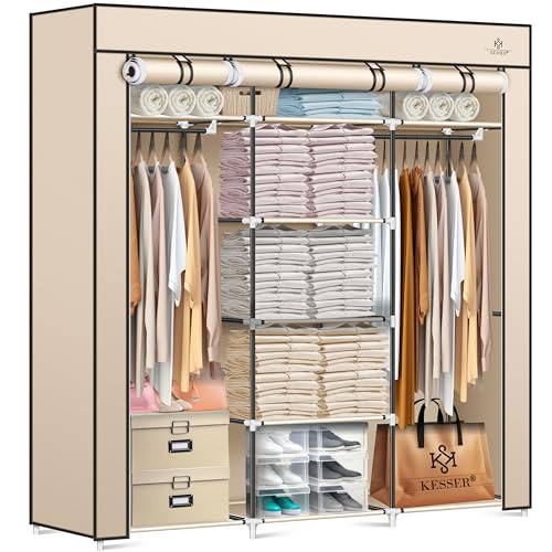 KESSER® Kleiderschrank Stoffschrank Stabil mit Kleiderstange & Ablagen, Inkl. 5X Kleiderbügel, Stoff Faltschrank für Schlafzimmer, Ankleidezimmer Garderobe mit Kleiderständer 150x45x175cm Beige