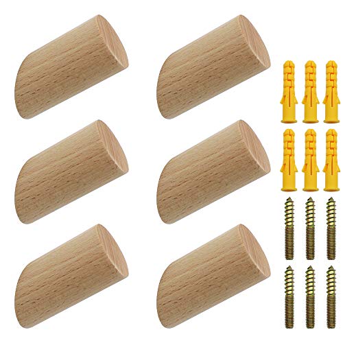 NewZC 6 Stück Holz Kleiderhaken Natürliche Holz Wandhaken 3x6cm Buche Haken 45° Haken Aufhänger für Kleidung Schal Hut Tasche - Maximale Belastung 15 kg