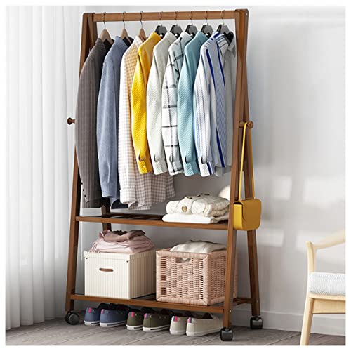 OTBK Bambus Garderobenständer Rollgarderobe Kleiderstange Kleiderständer Mit 2 Kleiderhaken Rollbar Natürliches Und Umweltfreundliches Material (Color : Brown, Size : 60x35x150cm)