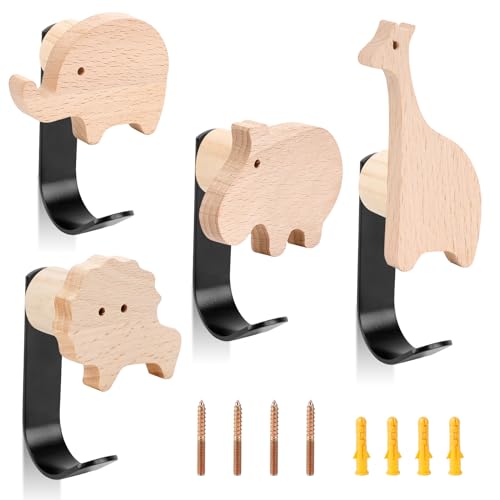 RAKUTE 4 Pcs Kindergarderobe Holz Tiere, Garderobenhaken Holz Einzeln mit Schrauben Metall Haken, Kleiderhaken Holz für Mantel Handtuch Taschen Hüte, Kinderzimmer Wandhaken für Bad Küche Schlafzimmer