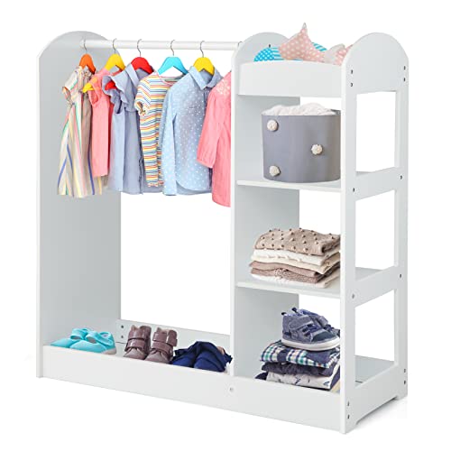 DREAMADE Kinderkleiderschrank mit Spiegel und Kleiderstange, Kinder Kleiderschrank Kinderregal mit 4 offener Ablagen, Kinder Kleiderständer für Kinderzimmer, 93,5x38x100cm (Weiß)