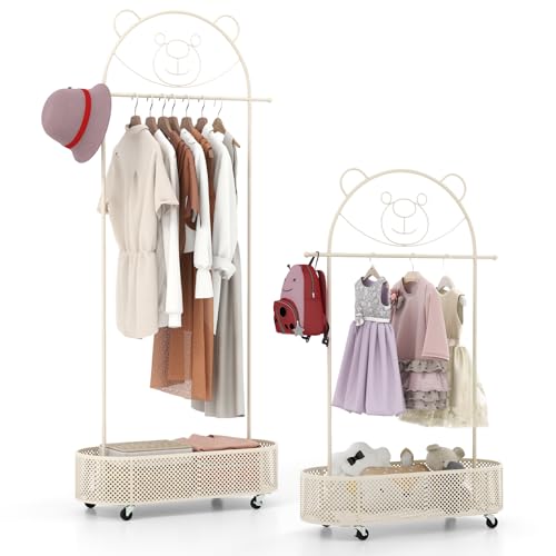 GOPLUS Kindergarderobe, Garderobe Kinder mit Kleiderstange & Ablage, Kleiderständer Kinder mit 3 einstellbaren Höhen & Rollen, Cartoon-Garderobe für Kinderzimmer & Schlafzimmer (Weiß)