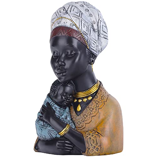 Home Decor Afrikanische Kunst Skulpturen, afrikanische Frau und Sohn Statue, Schwarze Statuen afrikanische Frau Büste Statue, geeignet für Wohnzimmer Desktop Zimmer Bücherregal Eingang Dekor