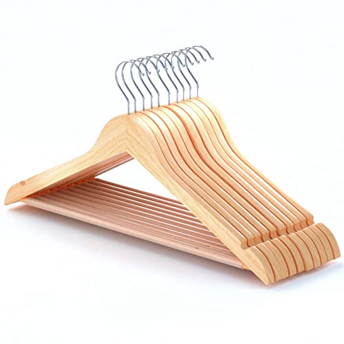 Hangerworld 10 Naturfarbene Kleiderbügel aus Holz mit rutschfestem Hosensteg und um 360° drehbarem Chromhaken, Bügelbreite 45 cm, für Oberhemden, Blusen, Pullover, Jacken und Hosen und Röcke