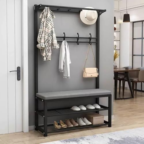 angrounps Garderobenständer mit Sitzbank, Garderobe Freistehend mit Schuhregal, Coat Rack Stand aus Metall,Kleiderständer 60 cm Breit mit Schuhablage, Gaderobe Weiß