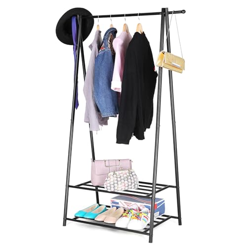 SONGMICS Kleiderständer, Garderobenständer, Garderobe, 2 Ablagen für Schuhe und Boxen, Metallgestell, platzsparend, ideal für Schlafzimmer, Flur und Büro, schwarz HSR05B