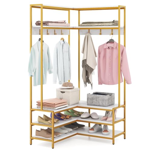 COSTWAY Eck-Garderobenständer mit Sitzbank, L-förmiger Kleiderständer mit offenen Ablagen & 7 Haken, Garderobe, Flurgarderobe für Flur und Schlafzimmer, 90 x 90 x 178 cm (Weiß + Gold)