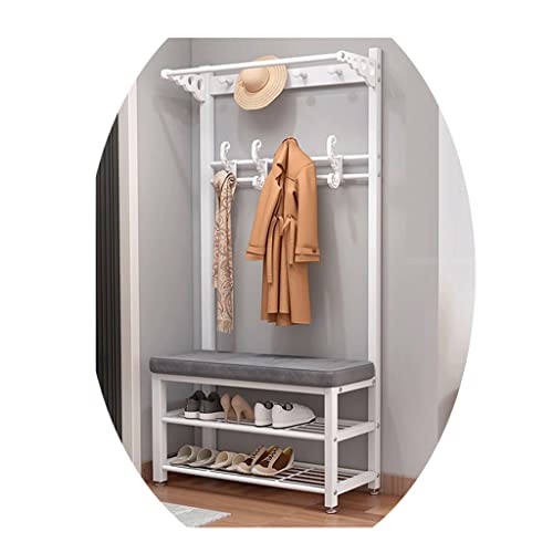 Industrieller Garderobenständer für Flur, mit Schuhbank und Ablage, einfache Montage, Metallrahmen, 4-in-1-Eingangsgarderobe mit Haken, Weiß Grau, 60 x 33 x 172 cm