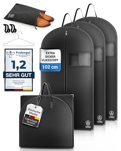 3 x Kleidersack Anzug + Bonus Schuhbeutel - 102 x 60 cm - Kleiderhülle Hält Ein Leben Lang | Anzugtasche - Bis zu 56% Dickeres Material (125 GSM) | Atmungsaktiv & Wasserdicht | Reise Schutzhülle