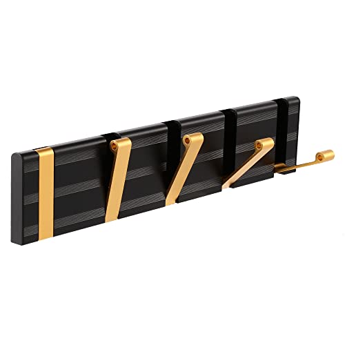 maifey Garderobenhaken Wand mit 5 Klappbar Hakens, Schwarz Gold Moderne Garderobenleiste, Hochwertiges Aluminium Material, Garderobe Hakenleiste zum Aufhängen von Handtüchern Kleidung Hut Schlüssel