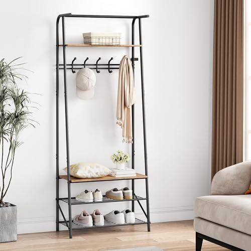 HAUSPROFI Garderobenständer Kleiderständer mit Schuhbank, Garderobe Kleiderständer Stabil mit 3 Ablagen und 10 Haken, 5-in-1 Design Garderobenständer Metall für Flur, Eingang, Wohnzimmer,64x29x180 cm