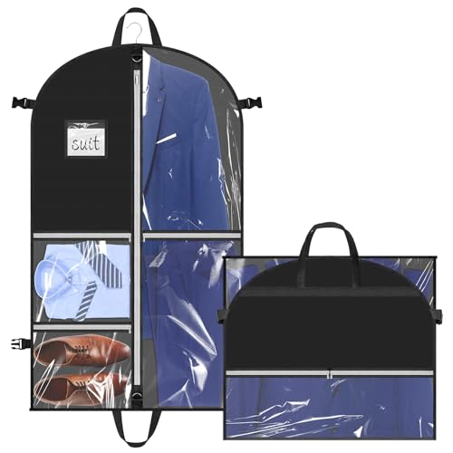 Hejo Kleidersack mit Fächern, Anzugtasche, 110×60cm Mehrfach-Taschen Faltbar Kleiderbeutel, Staubdichte Anzug Schutzhülle mit 5 Klare Taschen, Garment Bag für Anzug Mantel Jacke Kleid (Schwarz)