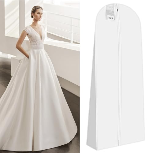 Riwer Brautkleidhülle Kleidersack 180 cm Anti-Staub Atmungsaktiver Hochzeitskleid Kleidersäcke mit reißverschluss für Brautkleider Abendkleider oder Lange Mäntel, Weiß