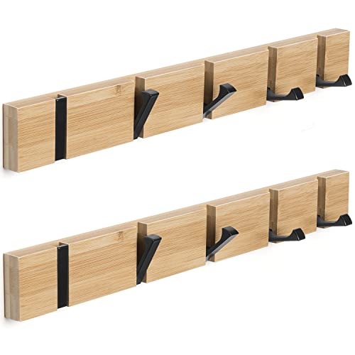 ANVODE 2 Stück Garderobenhaken Holz Wand, Bambus Garderobenleiste Faltbarer Kleiderhaken mit 5 Haken für Jacken, Hüte und Handtaschen (42cm)