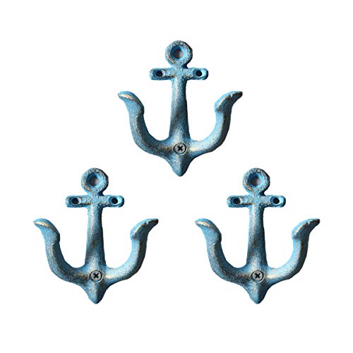 TentHome 3er-Set Maritime Dekoration Garderobe Antik Gusseisen Wandhaken Kleiderhaken Garderobenhaken Anker Doppelhaken Wandgarderobe Vintage Garten Haken,Antik Blau