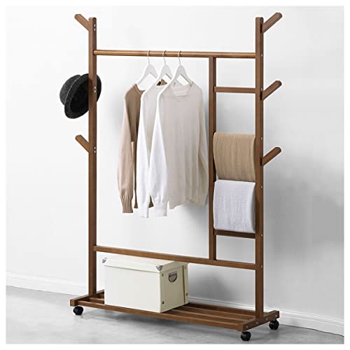 STARMS Kleiderständer Aus Bambus, 2-In-1-Garderobenständer, Rollbarer Kleiderständer Mit Bodenregalen, Rollschrank-Organizer Für Eingangsbereich Und Wohnzimmer/Brown/110Cm