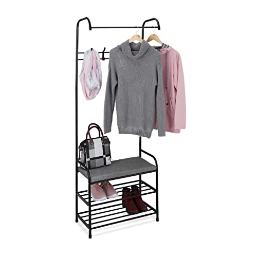 Relaxdays Garderobe mit Schuhablage & Sitzbank, Metall, stehend, Flurgarderobe mit 4 Haken, HBT: 173x64x30 cm, schwarz