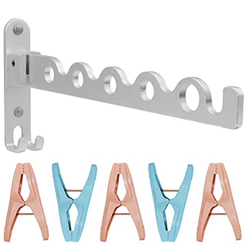 QIQN Kleiderhaken Klappbar Kleiderlüfter Wandkleiderhaken für Wohnzimmer Bad Balkon mit 5PC Clips, Silber