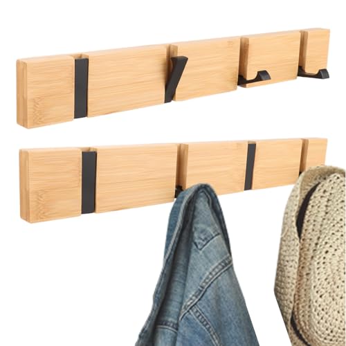 AKOLAFE 2 Stück Garderobenhaken Holz Bambus Kleiderhaken Wand 40cm Selbstklebend Garderobenleiste Holz Klapphaken Natur Hakenleiste Garderobenhaken Klappbar Holz für Mäntel, Hüte, Schals,Schlüssel