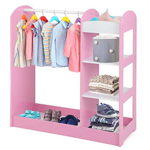 DREAMADE Kinderkleiderschrank mit Spiegel und Kleiderstange, Kinder Kleiderschrank Kinderregal mit 4 offener Ablagen, Kinder Kleiderständer für Kinderzimmer, 93,5x38x100cm (Rosa)