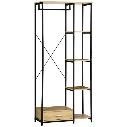 HOMCOM Garderobenständer Kleiderständer Mantelgestell mit Schublade Kleiderstange Garderobe Anti-Kipp-Beschläge Industriedesign Spanplatte Schwarz+Natur 77 x 39 x 180 cm