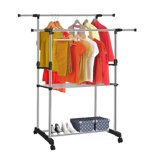 Youyijia Kleiderständer Verstellbare mit Rollen Kleiderstange Wäscheständer Rollschrank mit Rädern Garderobenständer Rollgarderobe Ausziehbar Breite 92-146cm Höhe 94-160cm