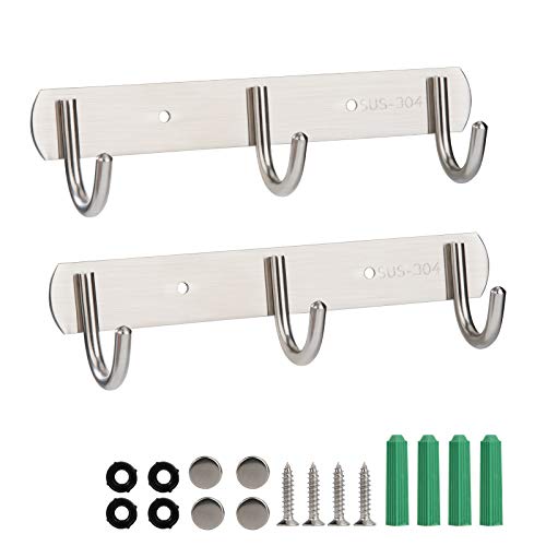 MaoXinTek Hakenleiste Kleiderhaken mit 3 Haken, Rostfreiem Garderobenhaken Edelstahl Wand-Garderobe Platzsparende Garderobenleiste für Schlafzimmer Schrank Badezimmer Küche, 2 Pack