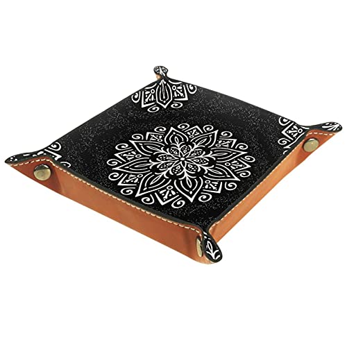 Leder-Tablett, Herrendiener, Nachttisch, Organizer, Schreibtisch, Aufbewahrungsteller, Catchall, Schwarz, Weiß, Boho-Blumenmuster